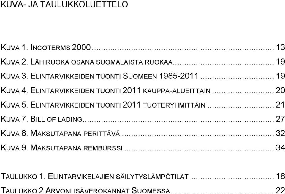 ELINTARVIKKEIDEN TUONTI 2011 TUOTERYHMITTÄIN... 21 KUVA 7. BILL OF LADING... 27 KUVA 8. MAKSUTAPANA PERITTÄVÄ... 32 KUVA 9.