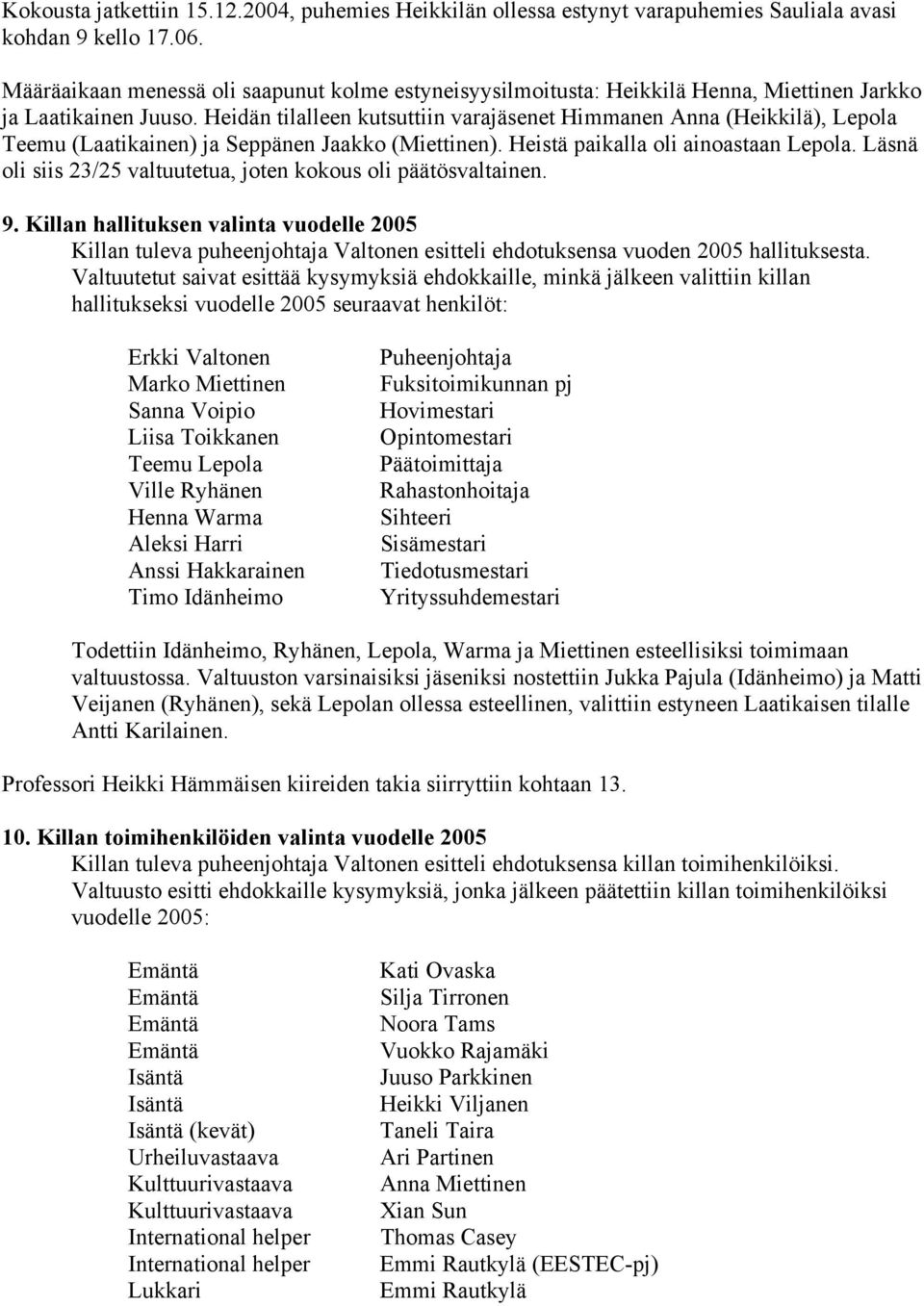 Heidän tilalleen kutsuttiin varajäsenet Himmanen Anna (Heikkilä), Lepola Teemu (Laatikainen) ja Seppänen Jaakko (Miettinen). Heistä paikalla oli ainoastaan Lepola.