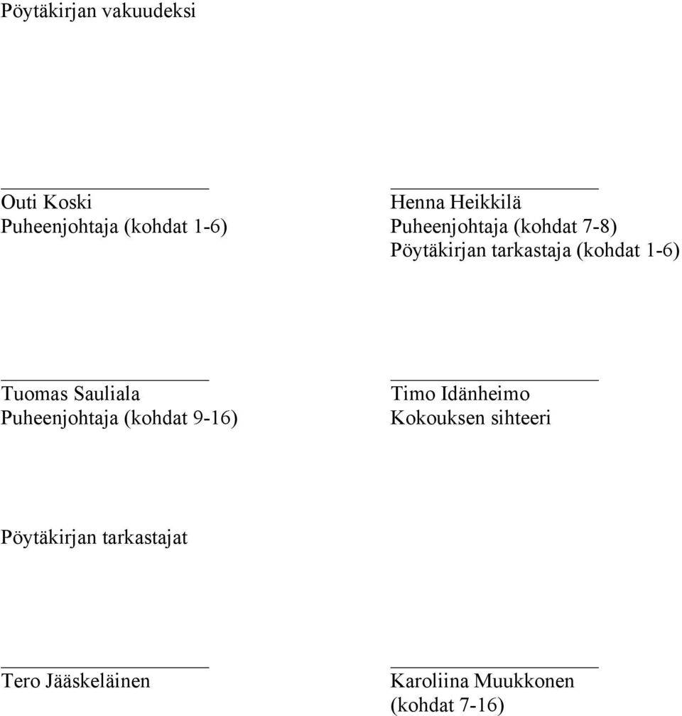 Tuomas Sauliala Puheenjohtaja (kohdat 9-16) Timo Idänheimo Kokouksen