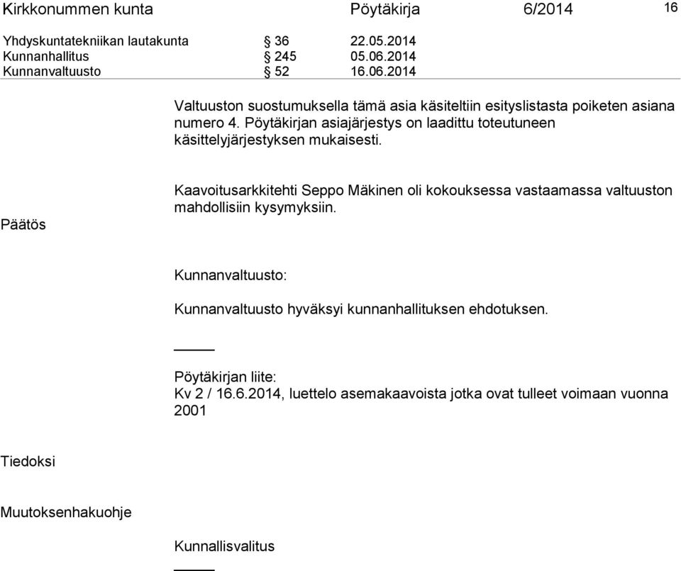 Pöytäkirjan asiajärjestys on laadittu toteutuneen käsittelyjärjestyksen mukaisesti.