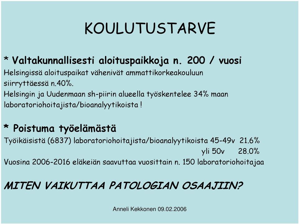 Helsingin ja Uudenmaan sh-piirin alueella työskentelee 34% maan laboratoriohoitajista/bioanalyytikoista!