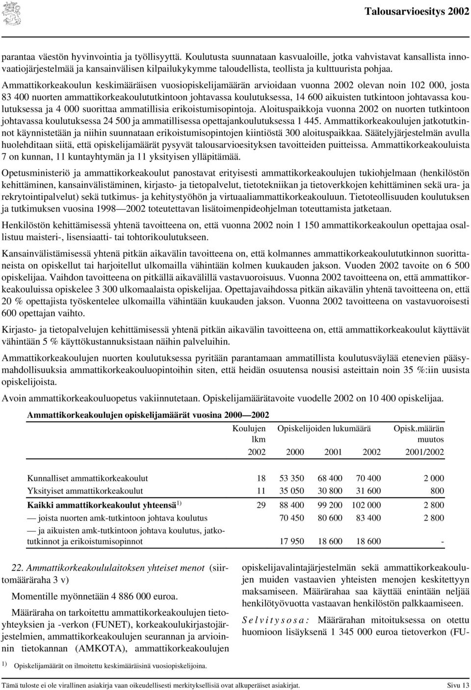 Ammattikorkeakoulun keskimääräisen vuosiopiskelijamäärän arvioidaan vuonna 2002 olevan noin 102 000, josta 83 400 nuorten ammattikorkeakoulututkintoon johtavassa koulutuksessa, 14 600 aikuisten