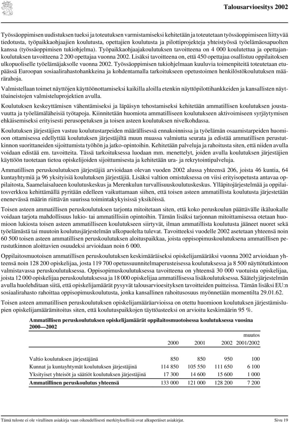 Työpaikkaohjaajakoulutuksen tavoitteena on 4 000 koulutettua ja opettajankoulutuksen tavoitteena 2 200 opettajaa vuonna 2002.