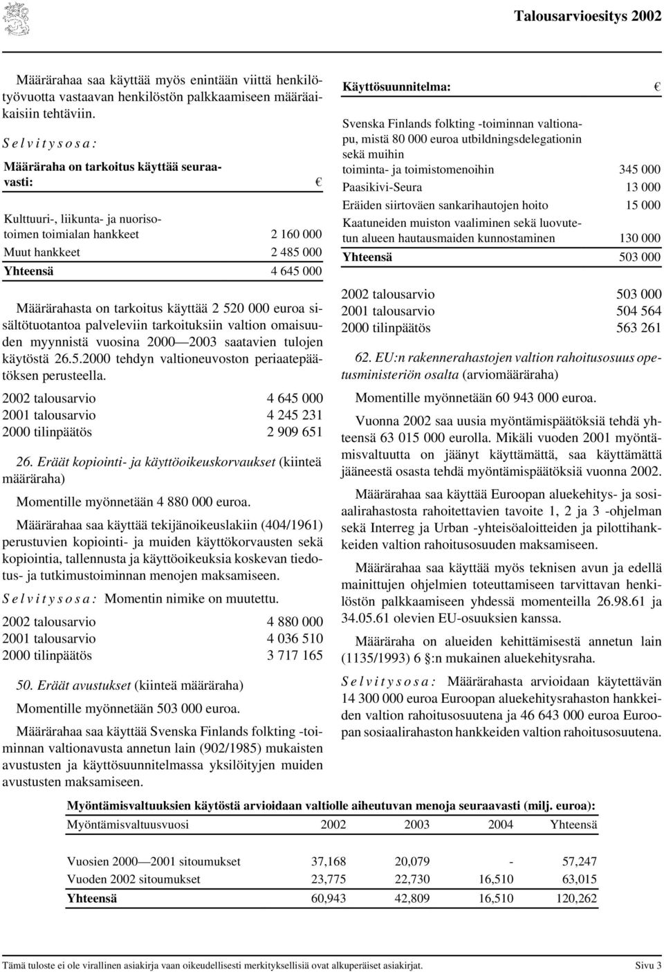euroa sisältötuotantoa palveleviin tarkoituksiin valtion omaisuuden myynnistä vuosina 2000 2003 saatavien tulojen käytöstä 26.5.2000 tehdyn valtioneuvoston periaatepäätöksen perusteella.
