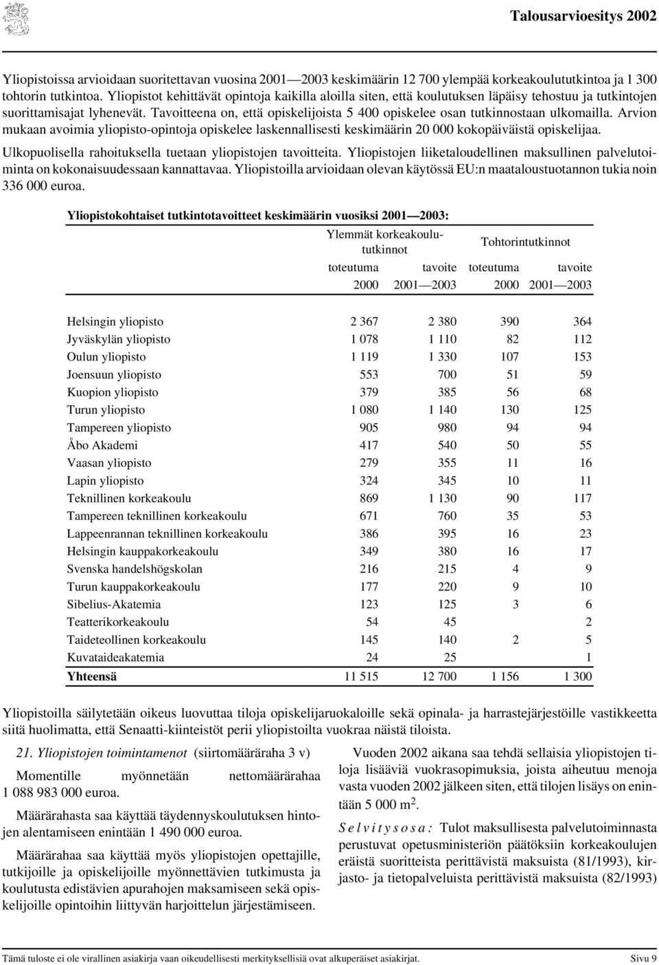 Tavoitteena on, että opiskelijoista 5 400 opiskelee osan tutkinnostaan ulkomailla. Arvion mukaan avoimia yliopisto-opintoja opiskelee laskennallisesti keskimäärin 20 000 kokopäiväistä opiskelijaa.