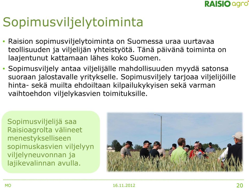 Sopimusviljely antaa viljelijälle mahdollisuuden myydä satonsa suoraan jalostavalle yritykselle.