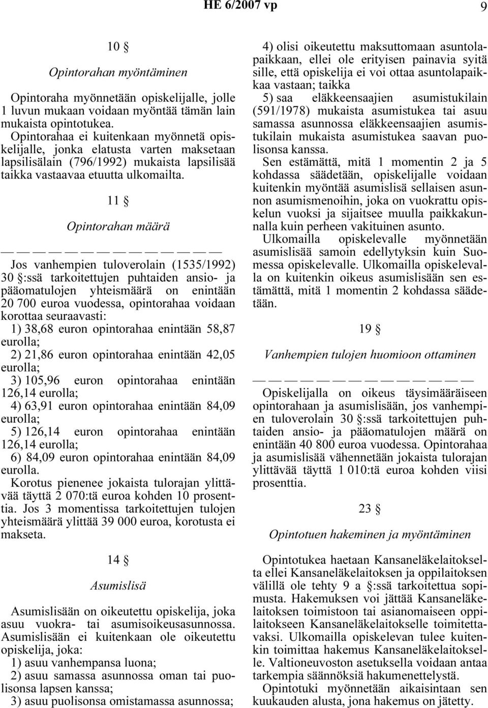 11 Opintorahan määrä Jos vanhempien tuloverolain (1535/1992) 30 :ssä tarkoitettujen puhtaiden ansio- ja pääomatulojen yhteismäärä on enintään 20 700 euroa vuodessa, opintorahaa voidaan korottaa