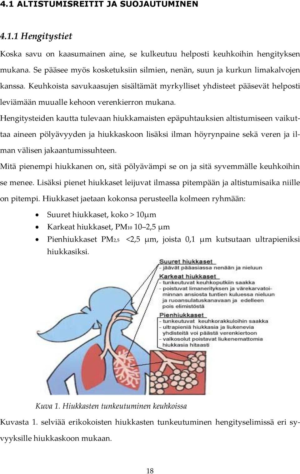 Hengitysteiden kautta tulevaan hiukkamaisten epäpuhtauksien altistumiseen vaikuttaa aineen pölyävyyden ja hiukkaskoon lisäksi ilman höyrynpaine sekä veren ja ilman välisen jakaantumissuhteen.