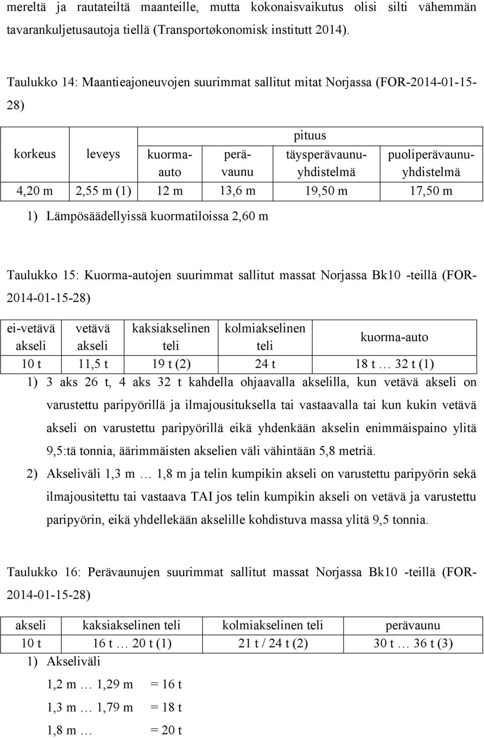 perävaunu täysperävaunuyhdistelmä puoliperävaunuyhdistelmä 4,20 m 2,55 m (1) 12 m 13,6 m 19,50 m 17,50 m 1) Lämpösäädellyissä kuormatiloissa 2,60 m Taulukko 15: Kuorma-autojen suurimmat sallitut