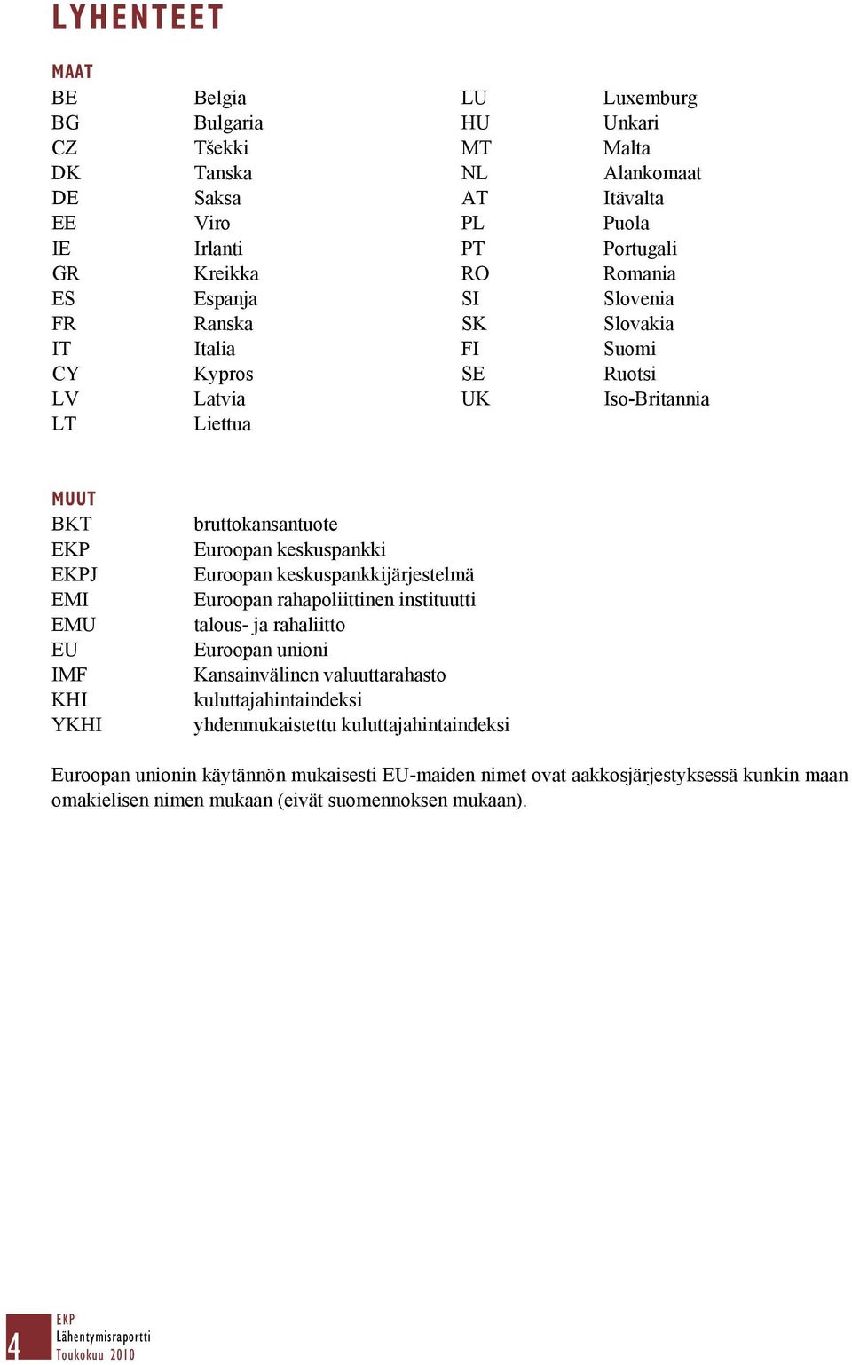 Euroopan keskuspankki Euroopan keskuspankkijärjestelmä Euroopan rahapoliittinen instituutti talous- ja rahaliitto Euroopan unioni Kansainvälinen valuuttarahasto kuluttajahintaindeksi