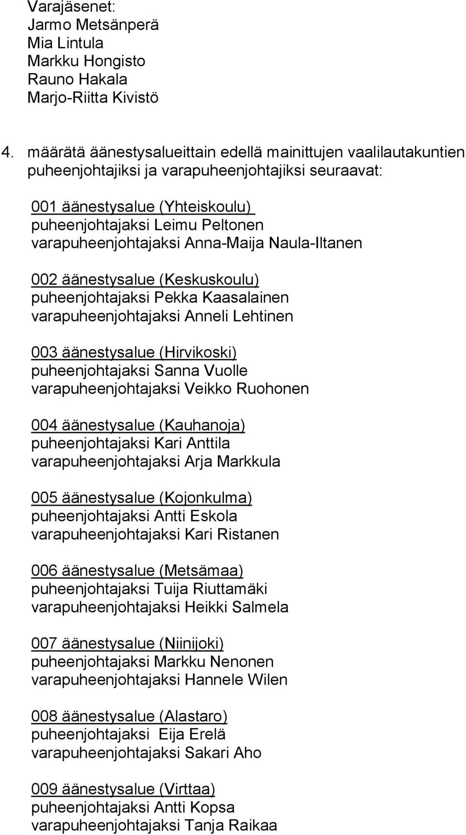 Anna-Maija Naula-Iltanen 002 äänestysalue (Keskuskoulu) puheenjohtajaksi Pekka Kaasalainen varapuheenjohtajaksi Anneli Lehtinen 003 äänestysalue (Hirvikoski) puheenjohtajaksi Sanna Vuolle