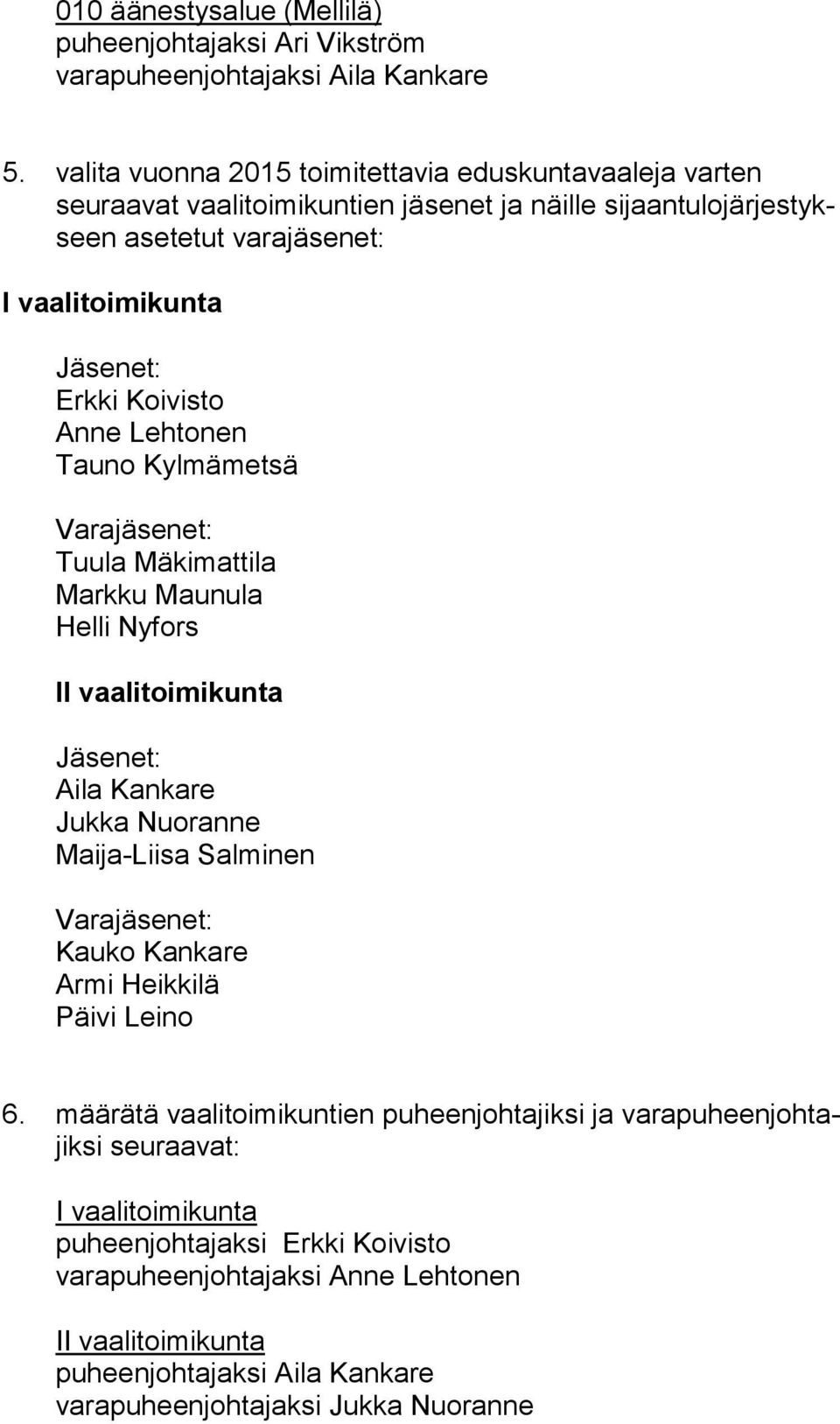 Koivisto Anne Lehtonen Tauno Kylmämetsä Tuula Mäkimattila Markku Maunula Helli Nyfors II vaalitoimikunta Aila Kankare Jukka Nuoranne Maija-Liisa Salminen Kauko Kankare Armi