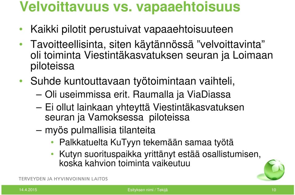 Viestintäkasvatuksen seuran ja Loimaan piloteissa Suhde kuntouttavaan työtoimintaan vaihteli, Oli useimmissa erit.