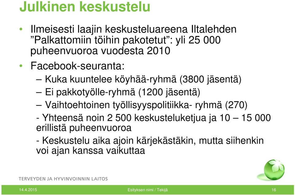 jäsentä) Vaihtoehtoinen työllisyyspolitiikka- ryhmä (270) - Yhteensä noin 2 500 keskusteluketjua ja 10 15 000 erillistä