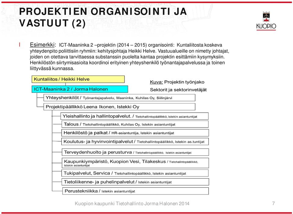 Vastuuaueie on nimetty johtajat, joiden on otettava tarvittaessa substanssin puoeta kantaa projektin esittämiin