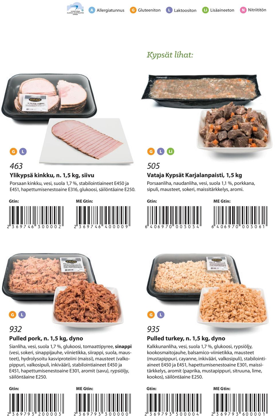 vesi, suola 1,1 %, porkkana, sipuli, mausteet, sokeri, maissitärkkelys, aromi. tin: tin: 2 369746300002* 2 369746400009* 6 406970005054* 6 406970005061* 932 Pulled pork, n.