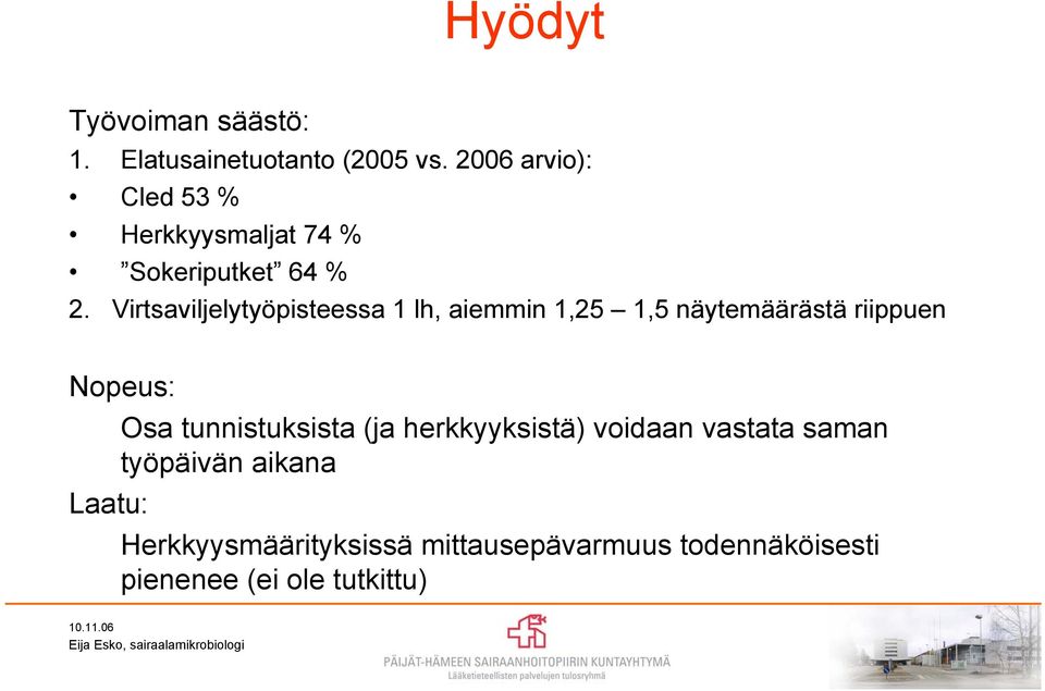 Virtsaviljelytyöpisteessa 1 lh, aiemmin 1,25 1,5 näytemäärästä riippuen Nopeus: Osa