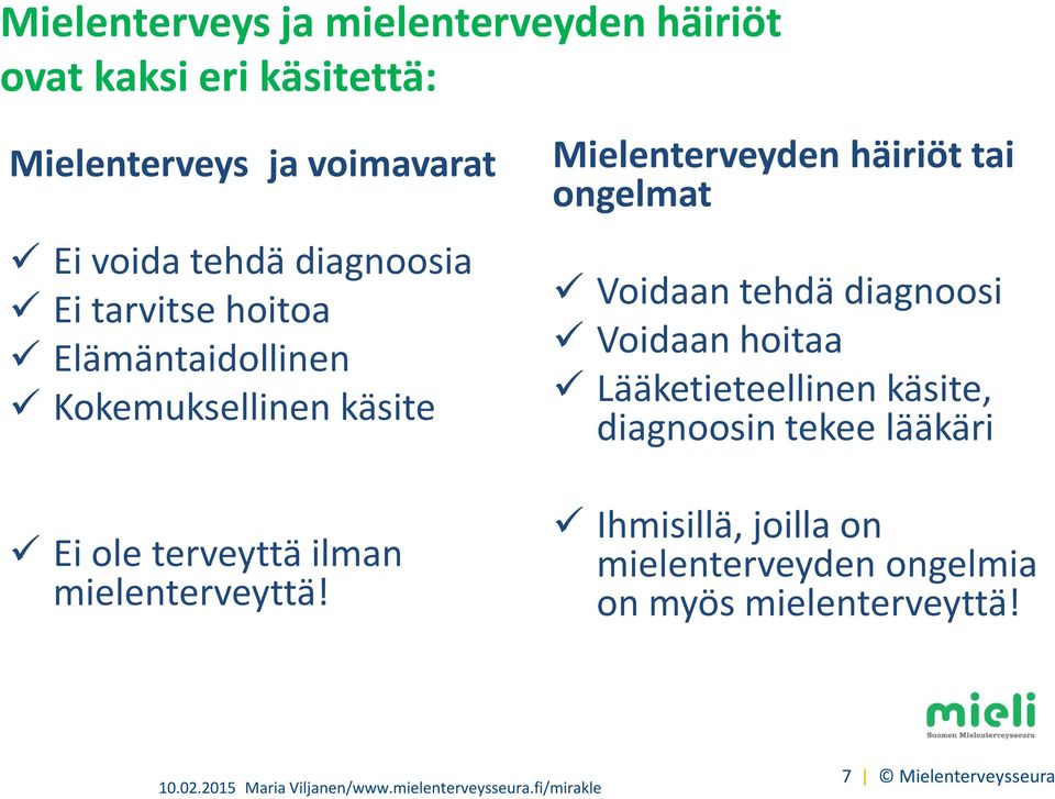 Mielenterveyden häiriöt tai ongelmat Voidaan tehdä diagnoosi Voidaan hoitaa Lääketieteellinen käsite, diagnoosin tekee