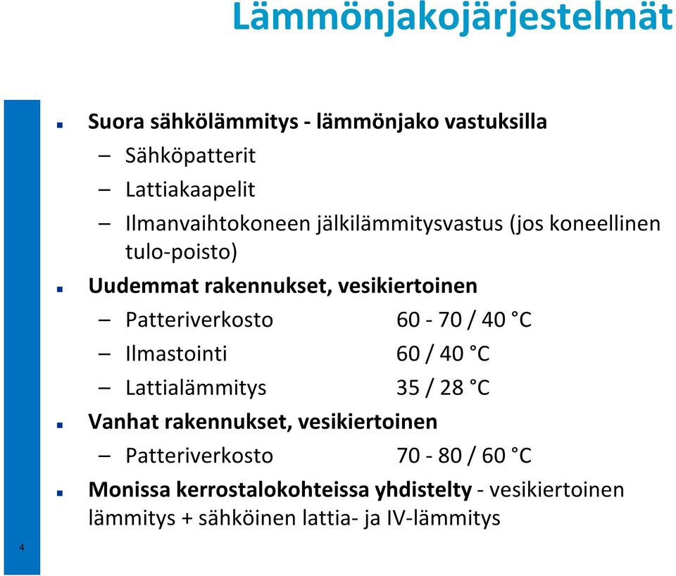 Patteriverkosto 60-70 / 40 C Ilmastointi 60 / 40 C Lattialämmitys 35 / 28 C Vanhat rakennukset, vesikiertoinen