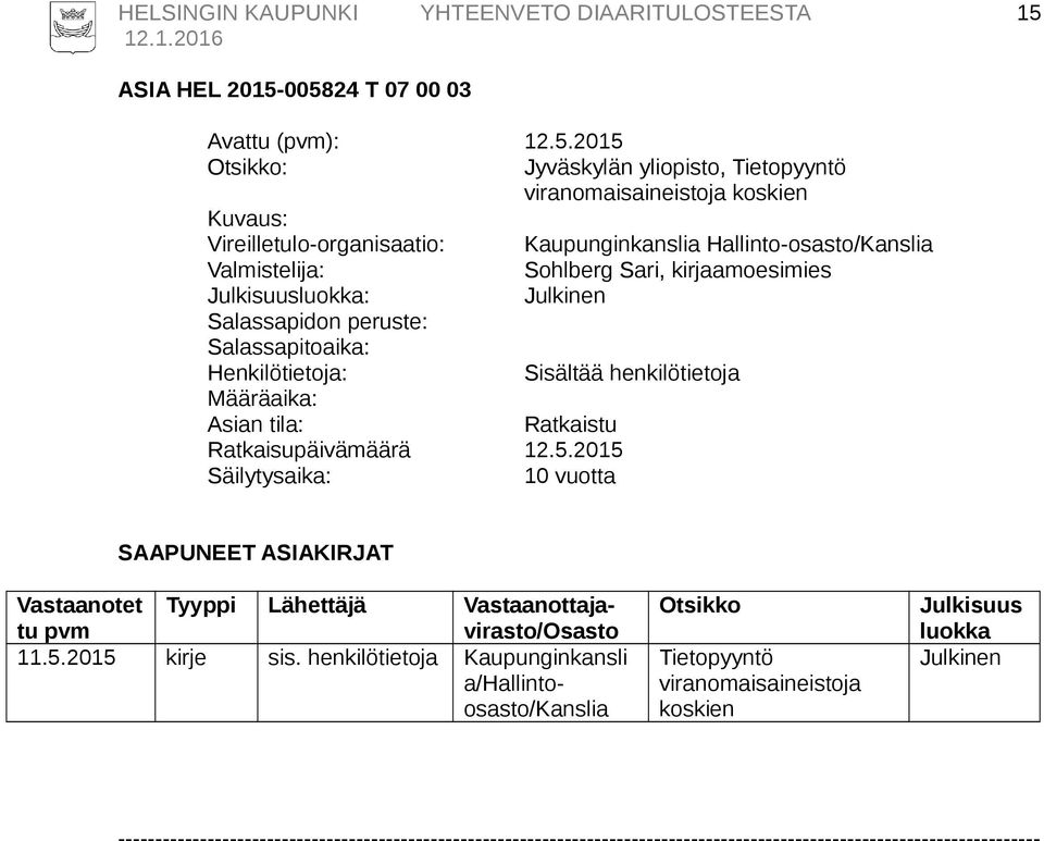 Hallinto-osasto/Kanslia Sohlberg Sari, kirjaamoesimies : Ratkaisupäivämäärä 12.5.