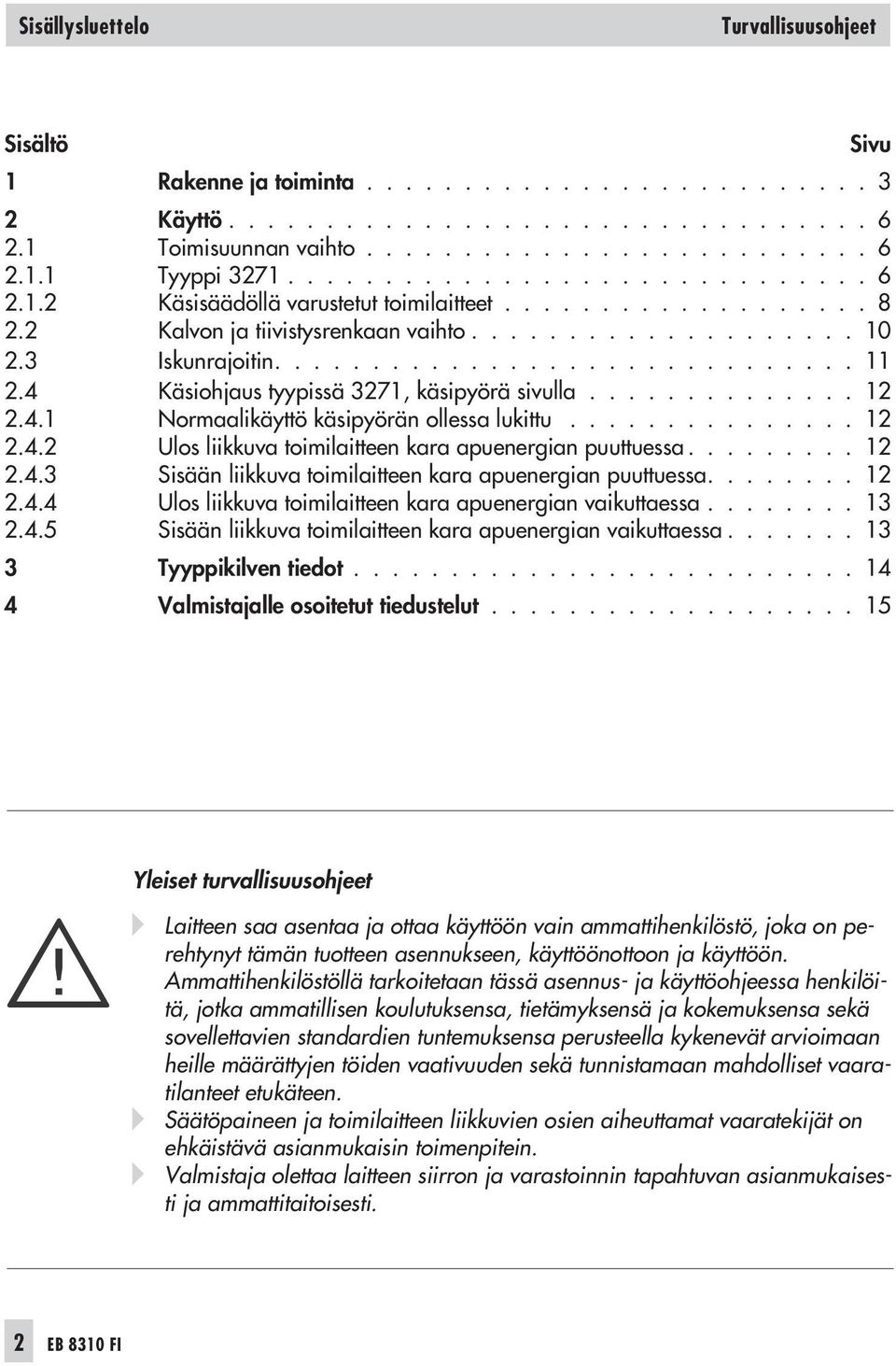 4 Käsiohjaus tyypissä 3271, käsipyörä sivulla.............. 12 2.4.1 Normaalikäyttö käsipyörän ollessa lukittu............... 12 2.4.2 Ulos liikkuva toimilaitteen kara apuenergian puuttuessa......... 12 2.4.3 Sisään liikkuva toimilaitteen kara apuenergian puuttuessa.