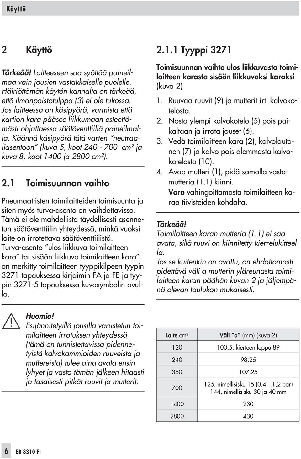 Käännä käsipyörä tätä varten neutraaliasentoon (kuva 5, koot 240-700 cm² ja kuva 8, koot 1400 ja 2800 cm²). 2.1 Toimisuunnan vaihto Pneumaattisten toimilaitteiden toimisuunta ja siten myös turva-asento on vaihdettavissa.