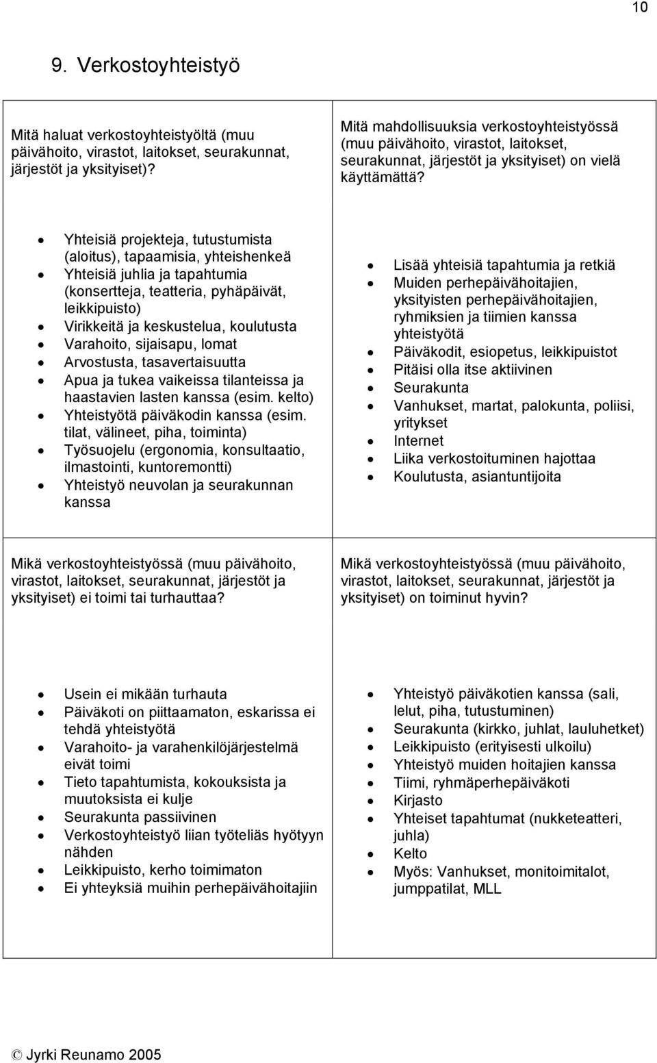 Yhteisiä projekteja, tutustumista (aloitus), tapaamisia, yhteishenkeä Yhteisiä juhlia ja tapahtumia (konsertteja, teatteria, pyhäpäivät, leikkipuisto) Virikkeitä ja keskustelua, koulutusta Varahoito,