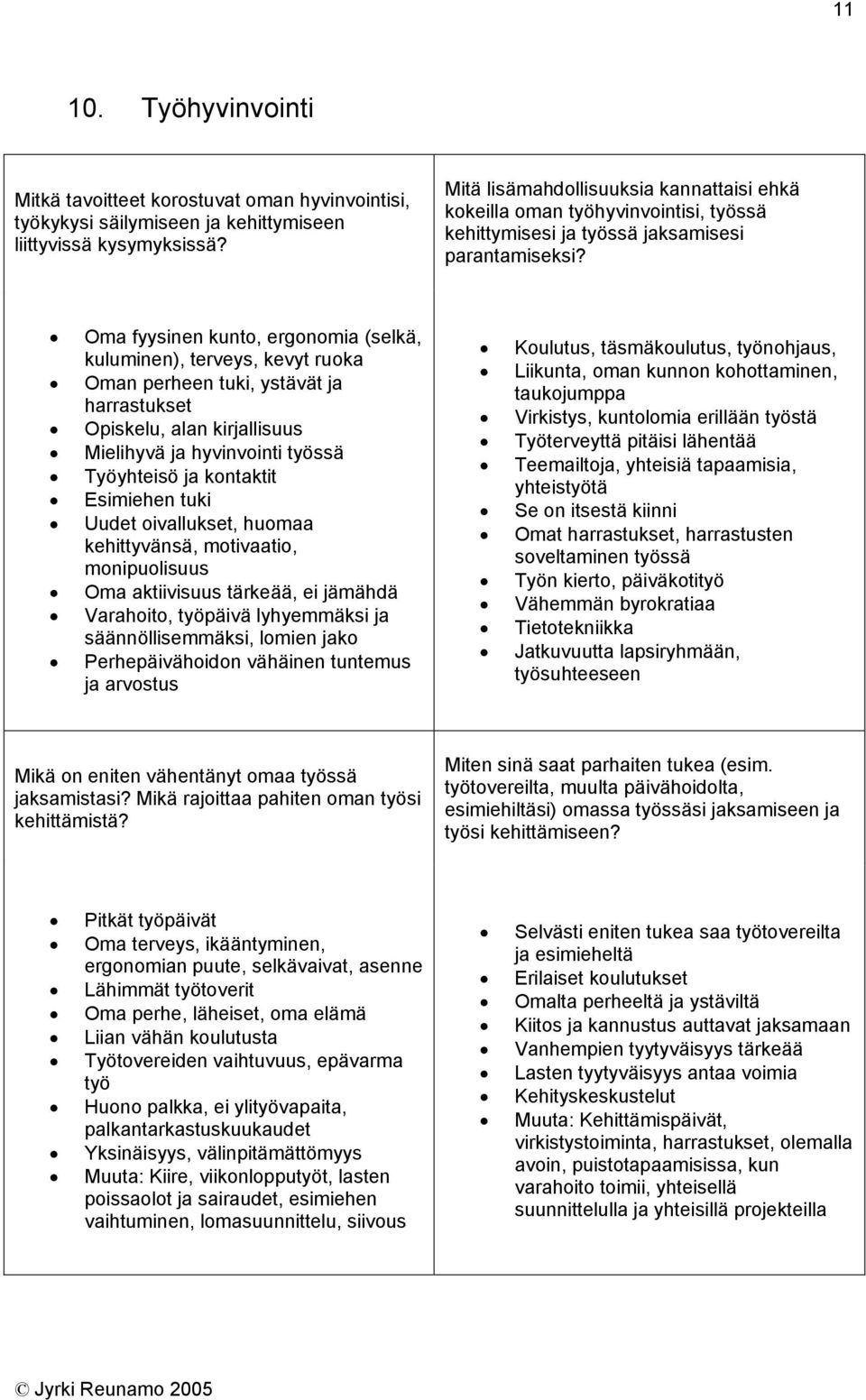 Oma fyysinen kunto, ergonomia (selkä, kuluminen), terveys, kevyt ruoka Oman perheen tuki, ystävät ja harrastukset Opiskelu, alan kirjallisuus Mielihyvä ja hyvinvointi työssä Työyhteisö ja kontaktit