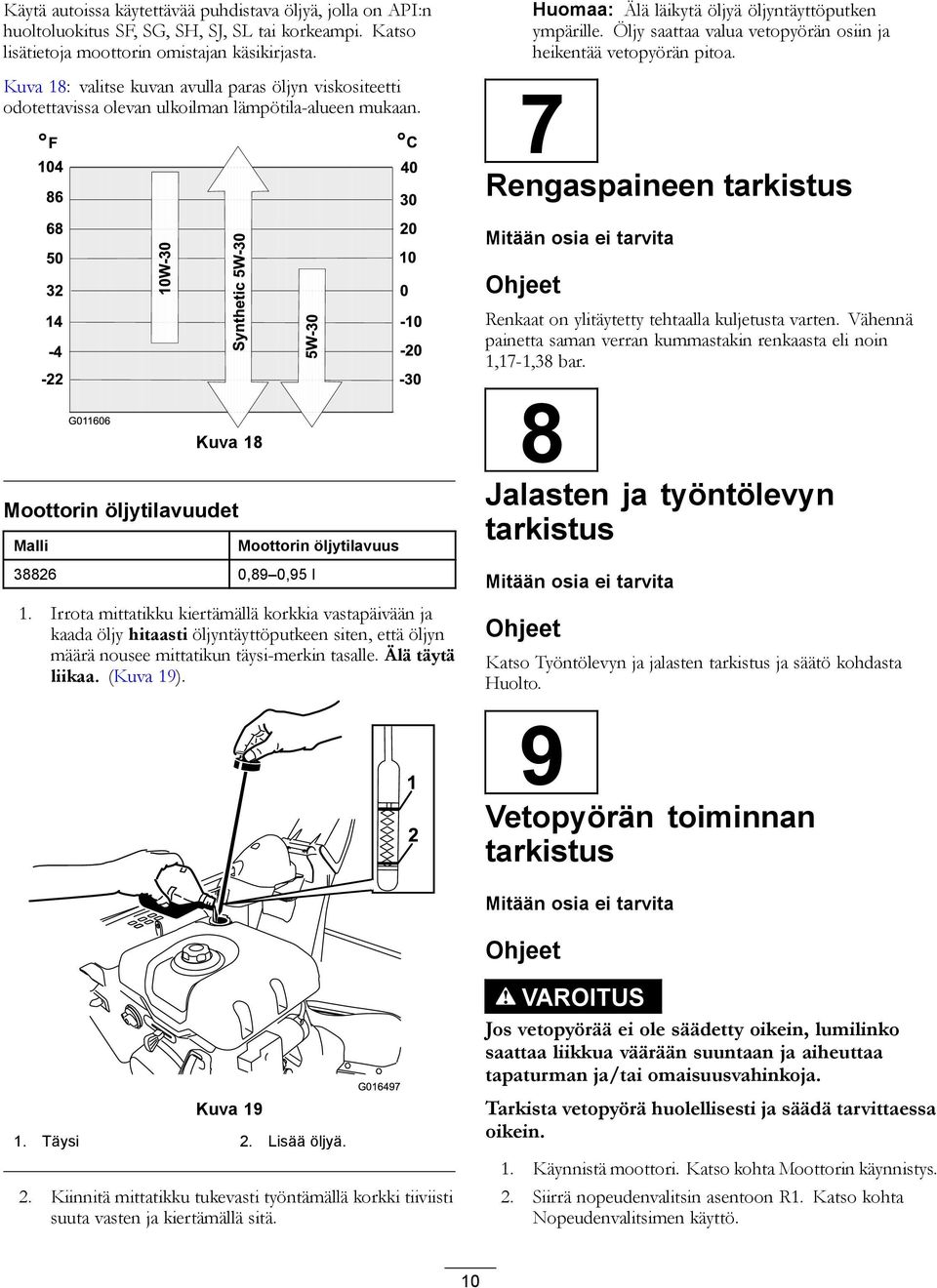 Öljy saattaa valua vetopyörän osiin ja heikentää vetopyörän pitoa. 7 Rengaspaineen tarkistus Mitään osia ei tarvita Ohjeet Renkaat on ylitäytetty tehtaalla kuljetusta varten.