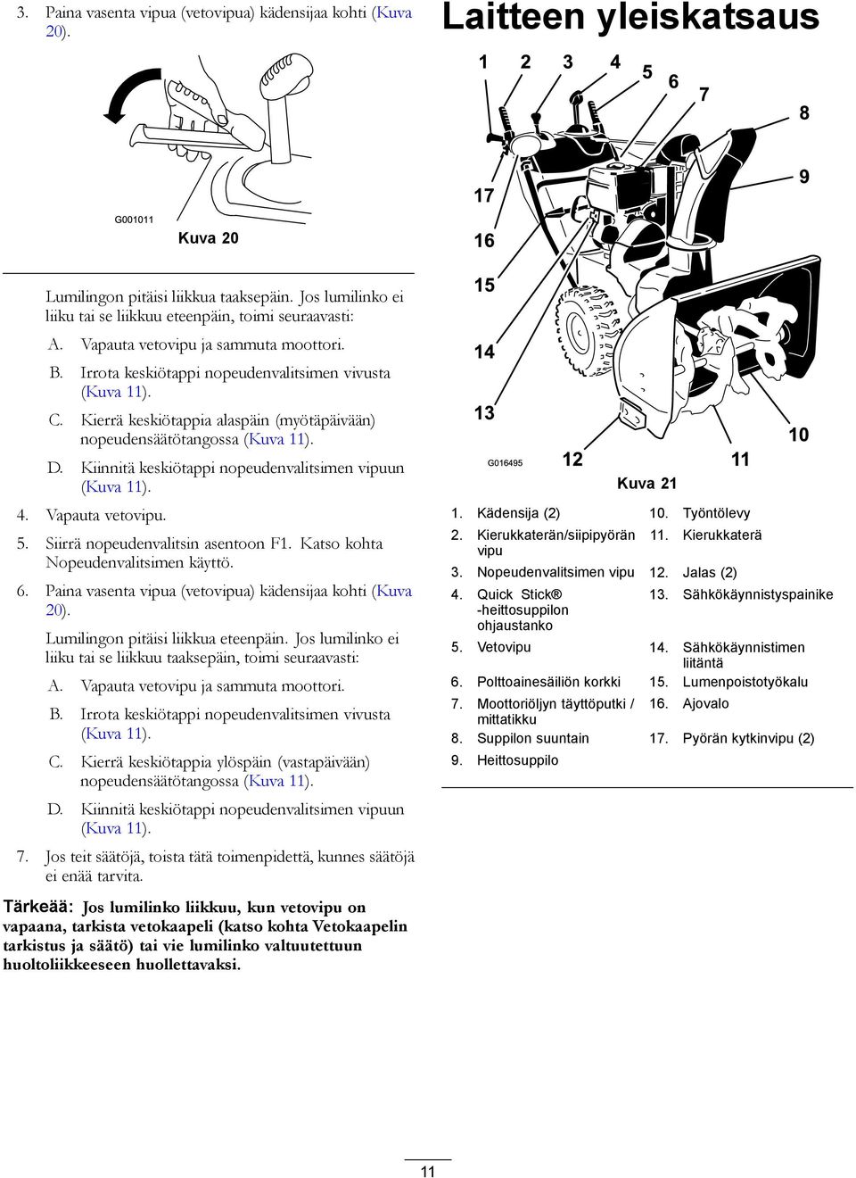 Kierrä keskiötappia alaspäin (myötäpäivään) nopeudensäätötangossa (Kuva 11). D. Kiinnitä keskiötappi nopeudenvalitsimen vipuun (Kuva 11). 4. Vapauta vetovipu. 5. Siirrä nopeudenvalitsin asentoon F1.