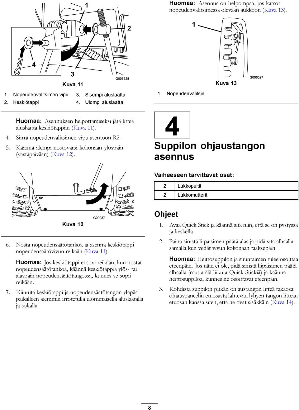 Käännä alempi nostovarsi kokonaan ylöspäin (vastapäivään) (Kuva 12). 1. Nopeudenvalitsin 4 Suppilon ohjaustangon asennus Vaiheeseen tarvittavat osat: 2 Lukkopultit 2 Lukkomutterit Kuva 12 6.
