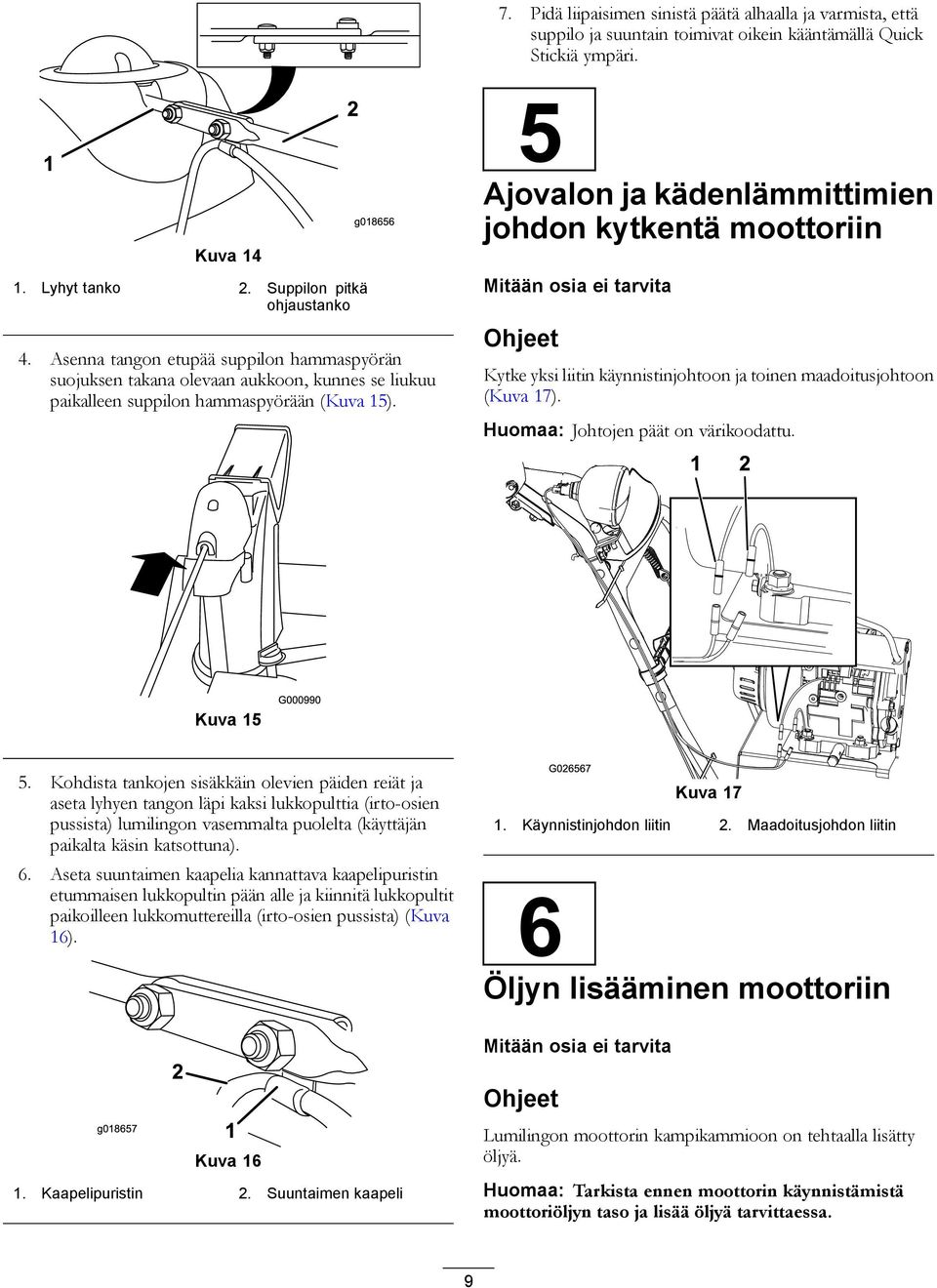 5 Ajovalon ja kädenlämmittimien johdon kytkentä moottoriin Mitään osia ei tarvita Ohjeet Kytke yksi liitin käynnistinjohtoon ja toinen maadoitusjohtoon (Kuva 17).