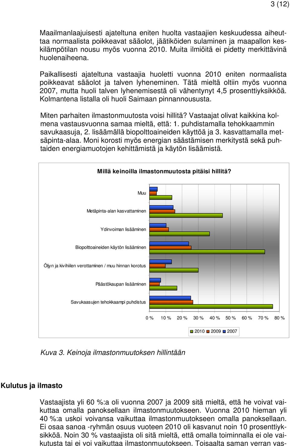 Tätä mieltä oltiin myös vuonna 2007, mutta huoli talven lyhenemisestä oli vähentynyt 4,5 prosenttiyksikköä. Kolmantena listalla oli huoli Saimaan pinnannoususta.