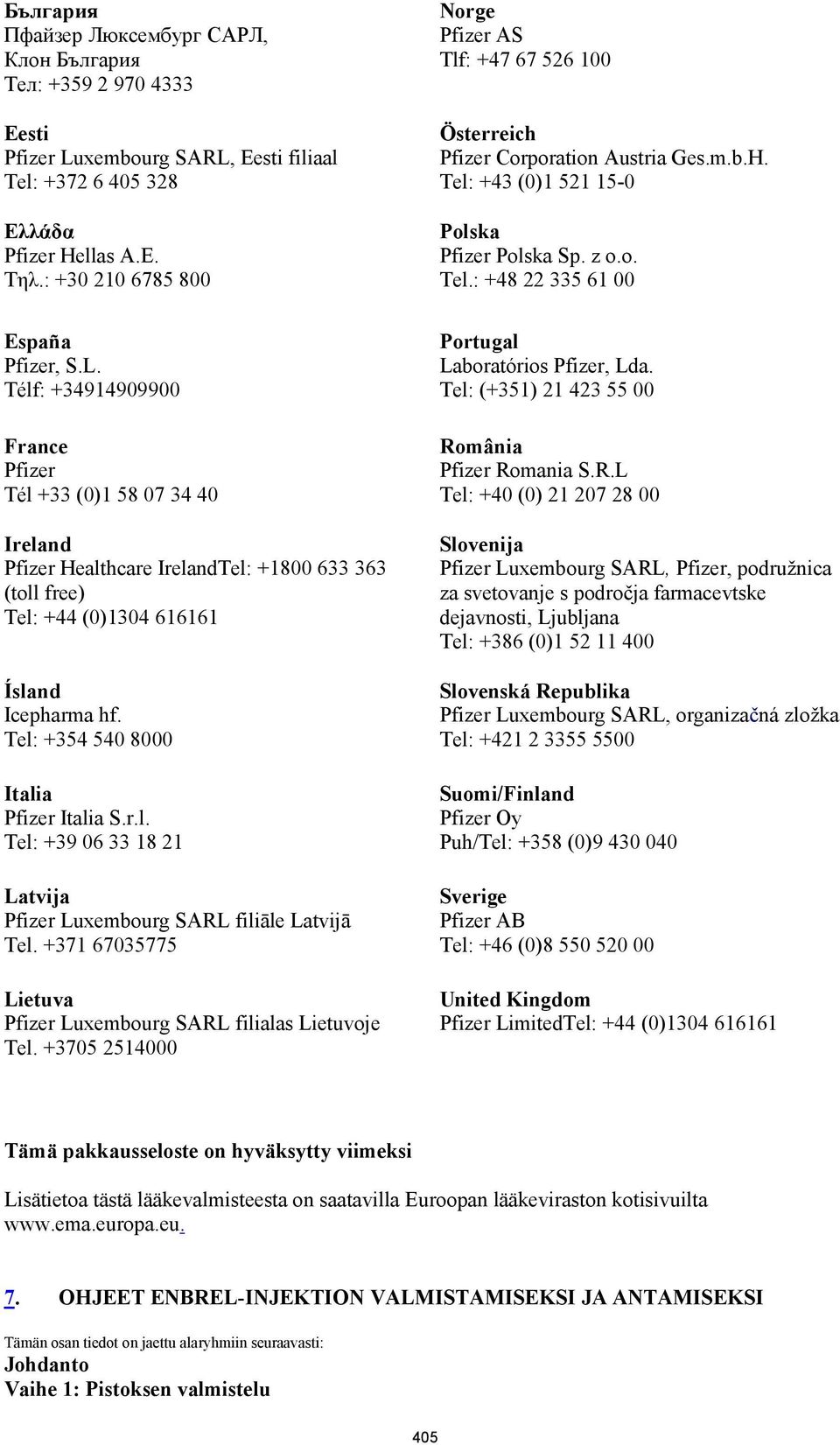 Tel: +354 540 8000 Italia Pfizer Italia S.r.l. Tel: +39 06 33 18 21 Latvija Pfizer Luxembourg SARL filiāle Latvijā Tel. +371 67035775 Lietuva Pfizer Luxembourg SARL filialas Lietuvoje Tel.