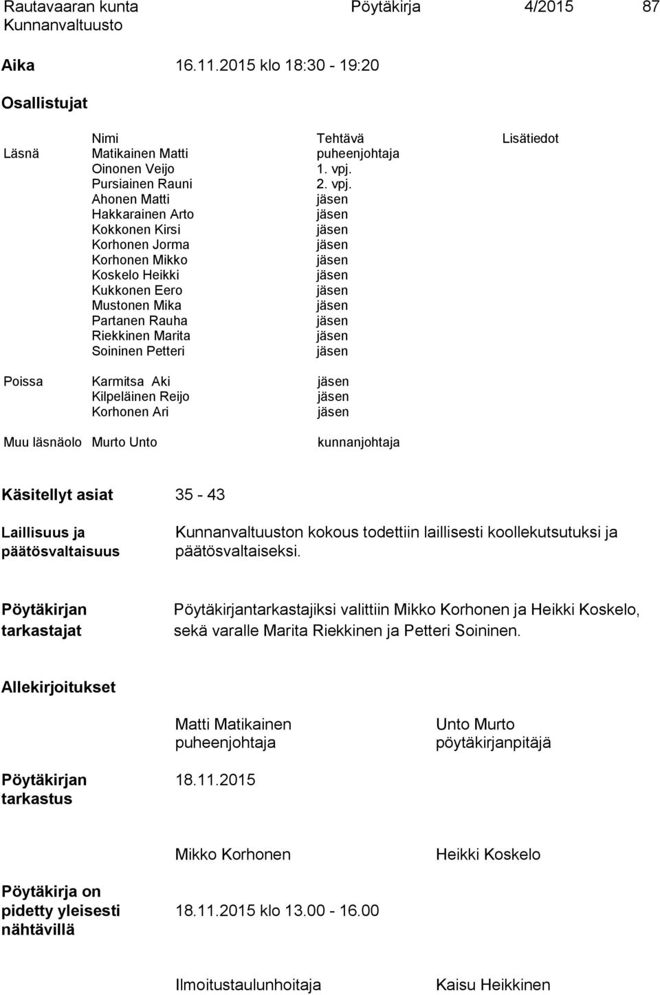 Ahonen Matti Hakkarainen Arto Kokkonen Kirsi Korhonen Jorma Korhonen Mikko Koskelo Heikki Kukkonen Eero Mustonen Mika Partanen Rauha Riekkinen Marita Soininen Petteri Poissa Karmitsa Aki Kilpeläinen