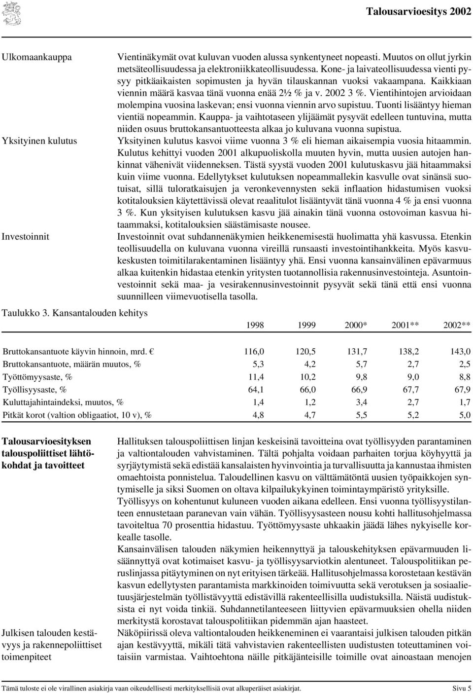 Kaikkiaan viennin määrä kasvaa tänä vuonna enää 2½ % ja v. 2002 3 %. Vientihintojen arvioidaan molempina vuosina laskevan; ensi vuonna viennin arvo supistuu. Tuonti lisääntyy hieman vientiä nopeammin.