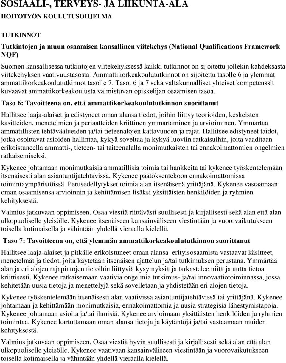 Ammattikorkeakoulututkinnot on sijoitettu tasolle 6 ja ylemmät ammattikorkeakoulututkinnot tasolle 7.