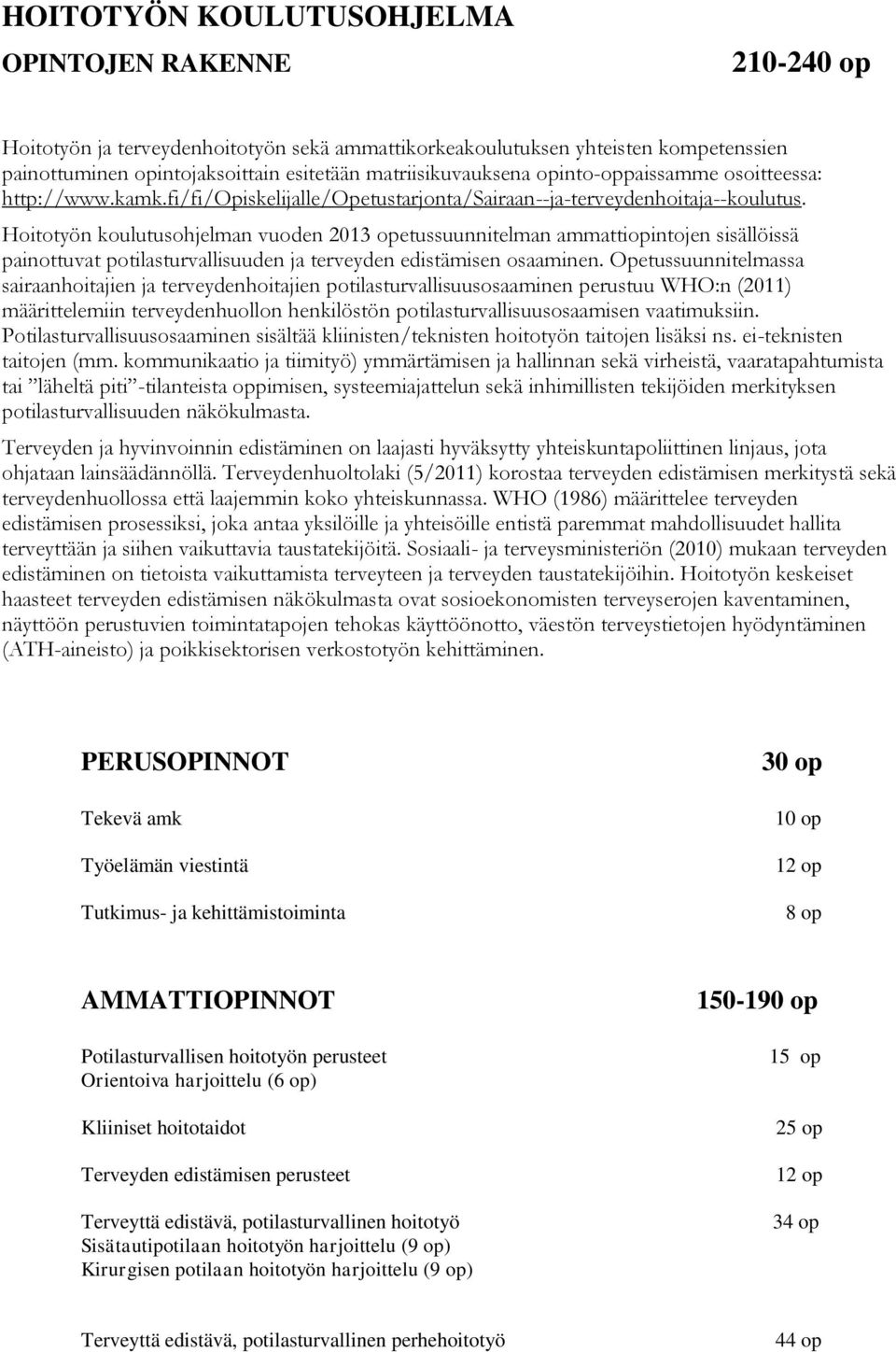 Hoitotyön koulutusohjelman vuoden 2013 opetussuunnitelman ammattiopintojen sisällöissä painottuvat potilasturvallisuuden ja terveyden edistämisen osaaminen.