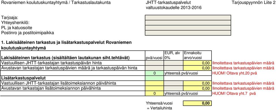 tehtävät) Vastuullisen JHTT-tarkastajan tarkastuspäivän hinta Avustavan tarkastajan tarkastuspäivien määrä ja tarkastuspäivän hinta Lisätarkastuspalvelut Vastuullisen JHTT-tarkastajan