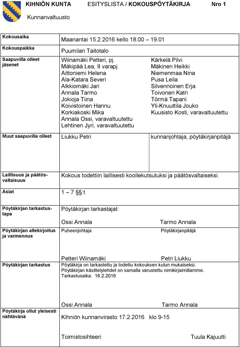 Aittoniemi Helena Ala-Katara Severi Alkkiomäki Jari Annala Tarmo Jokioja Tiina Koivistoinen Hannu Korkiakoski Mika Annala Ossi, varavaltuutettu Lehtinen Jyri, varavaltuutettu Kärkelä Pilvi Mäkinen