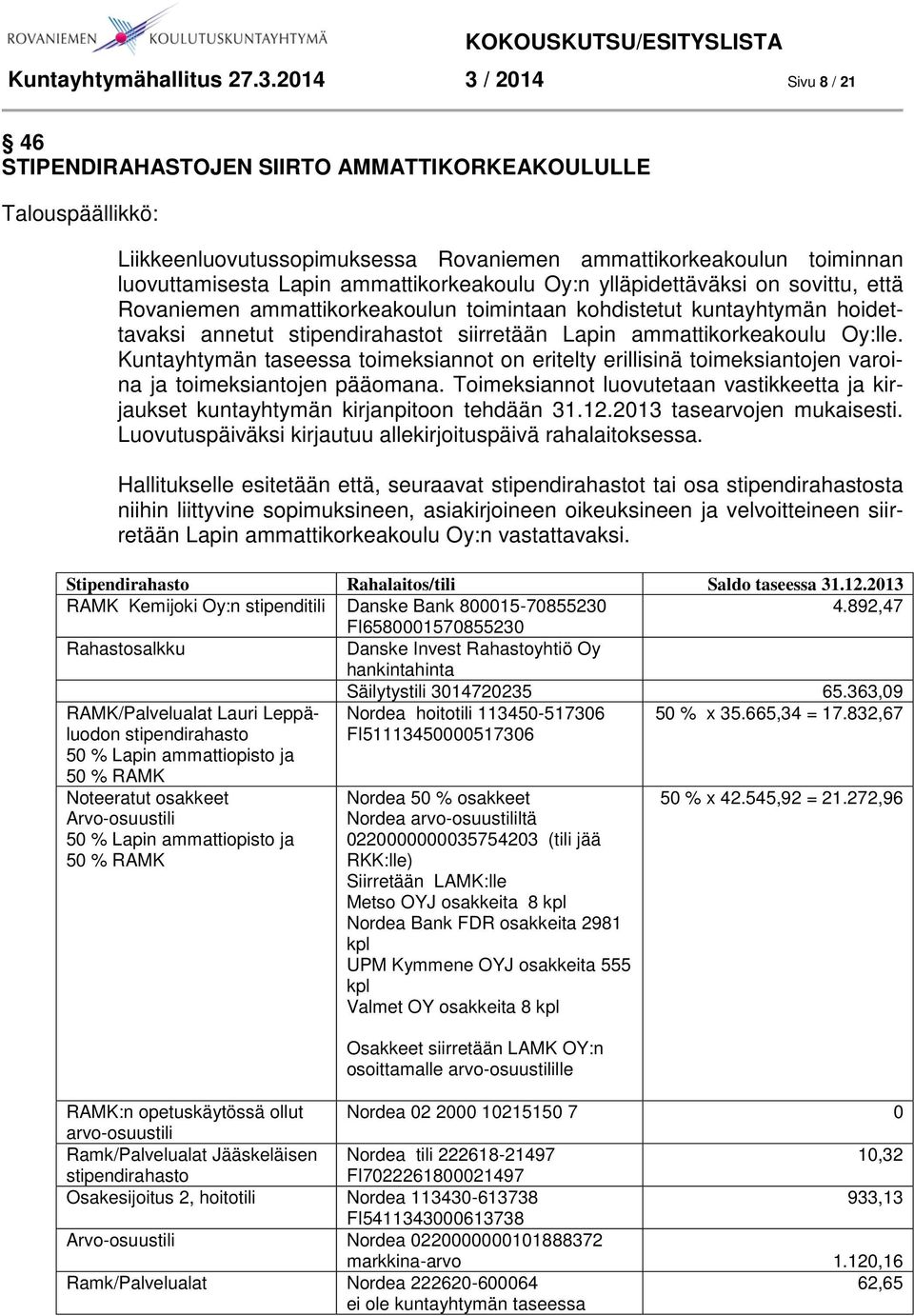 ammattikorkeakoulu Oy:n ylläpidettäväksi on sovittu, että Rovaniemen ammattikorkeakoulun toimintaan kohdistetut kuntayhtymän hoidettavaksi annetut stipendirahastot siirretään Lapin ammattikorkeakoulu