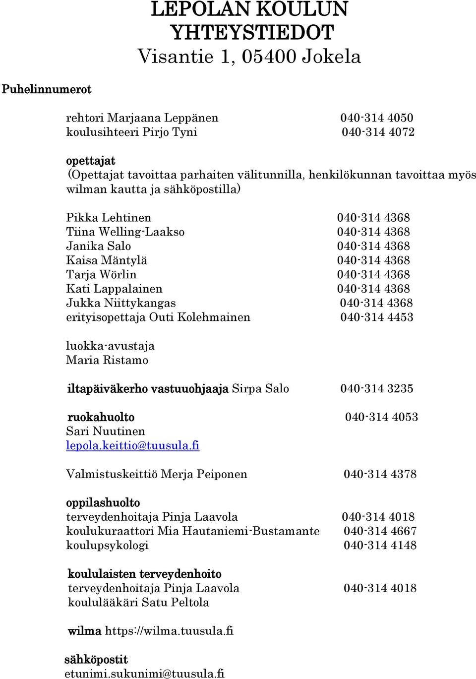 4368 Kati Lappalainen 040-314 4368 Jukka Niittykangas 040-314 4368 erityisopettaja Outi Kolehmainen 040-314 4453 luokka-avustaja Maria Ristamo iltapäiväkerho vastuuohjaaja Sirpa Salo 040-314 3235