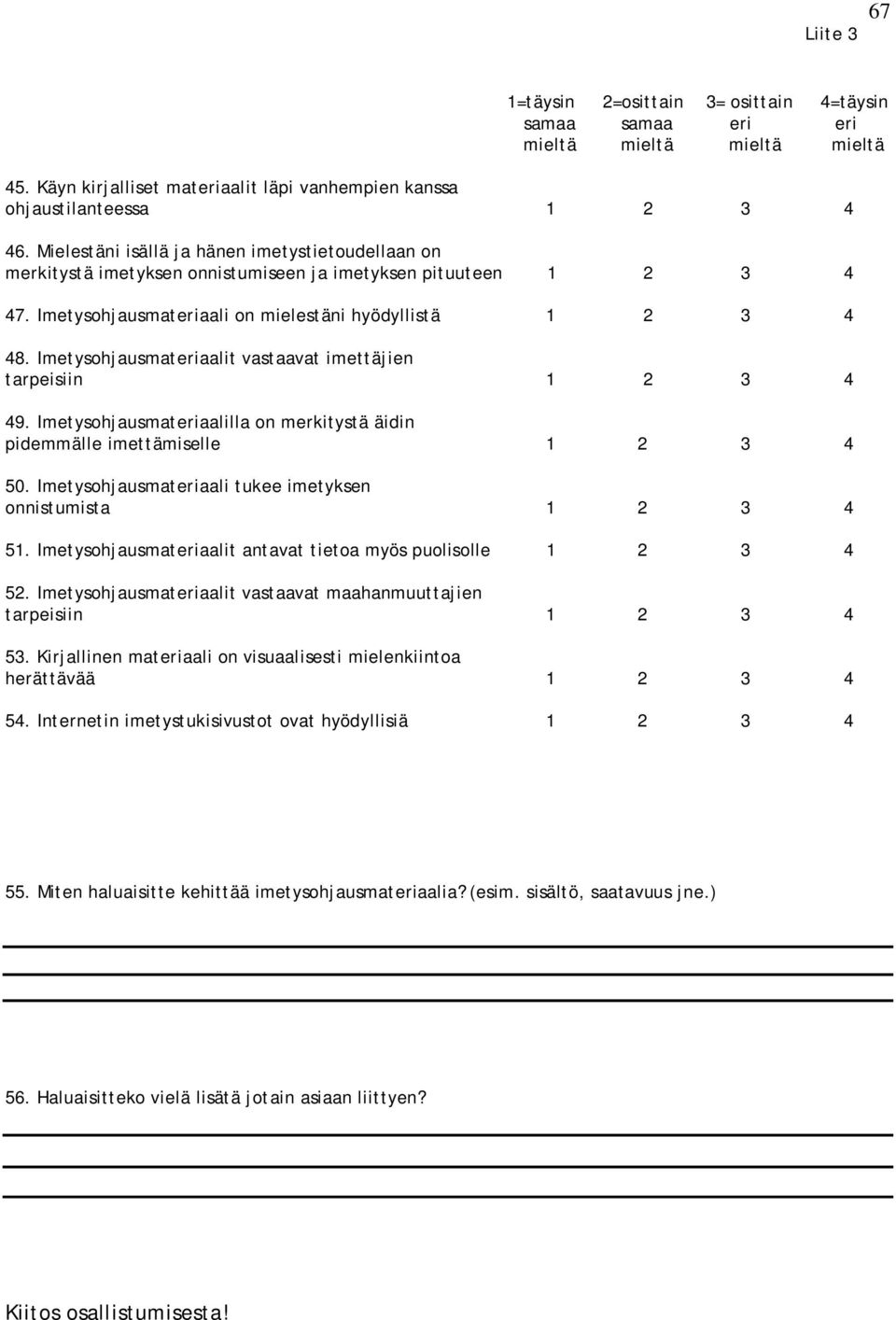 Imetysohjausmateriaalit vastaavat imettäjien tarpeisiin 1 2 3 4 49. Imetysohjausmateriaalilla on merkitystä äidin pidemmälle imettämiselle 1 2 3 4 50.