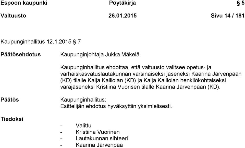 valitsee opetus- ja varhaiskasvatuslautakunnan varsinaiseksi jäseneksi Kaarina Järvenpään (KD) tilalle Kaija Kalliolan (KD) ja Kaija