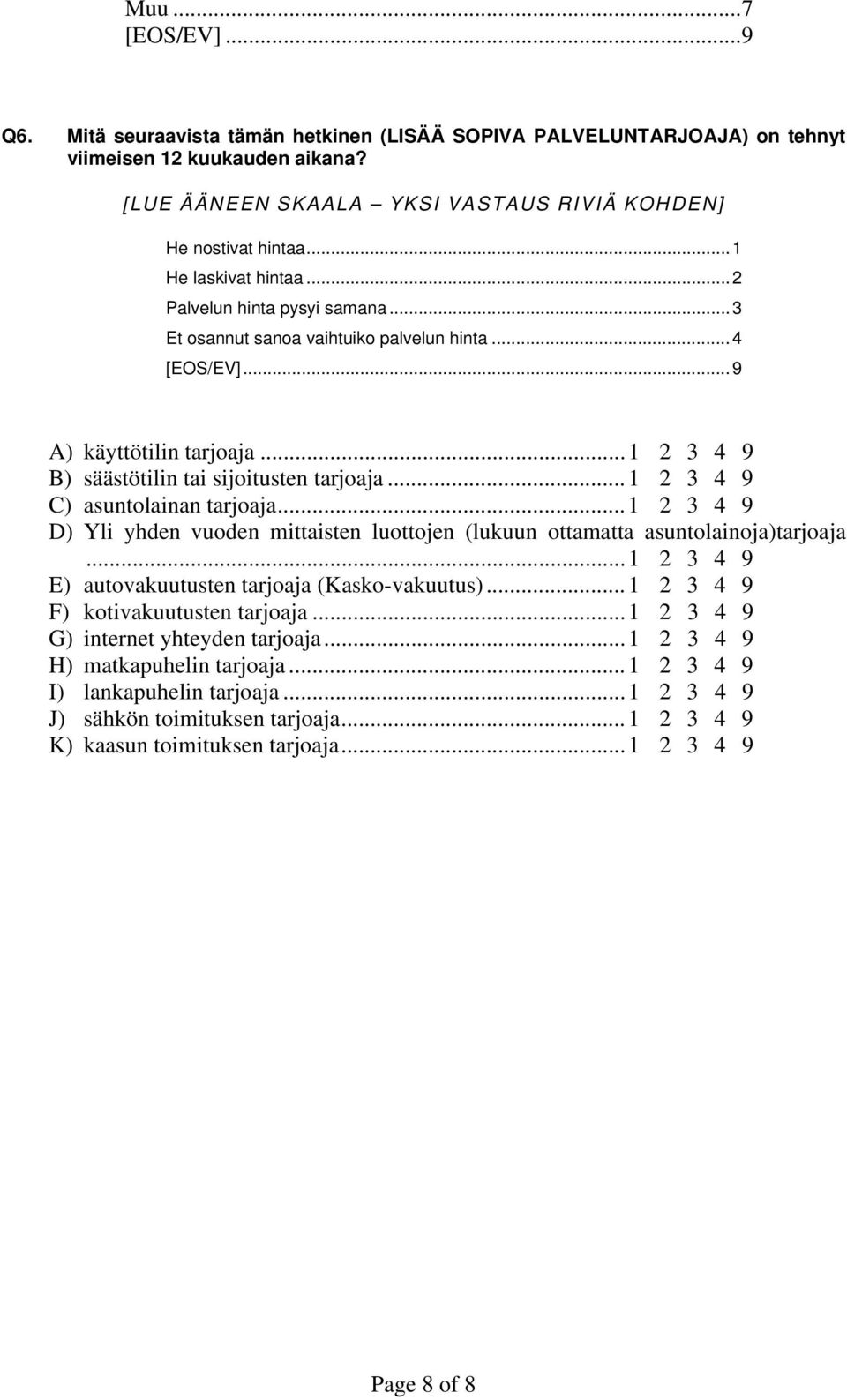 ..1 2 3 4 9 D) Yli yhden vuoden mittaisten luottojen (lukuun ottamatta asuntolainoja)tarjoaja...1 2 3 4 9 E) autovakuutusten tarjoaja (Kasko-vakuutus)...1 2 3 4 9 F) kotivakuutusten tarjoaja.