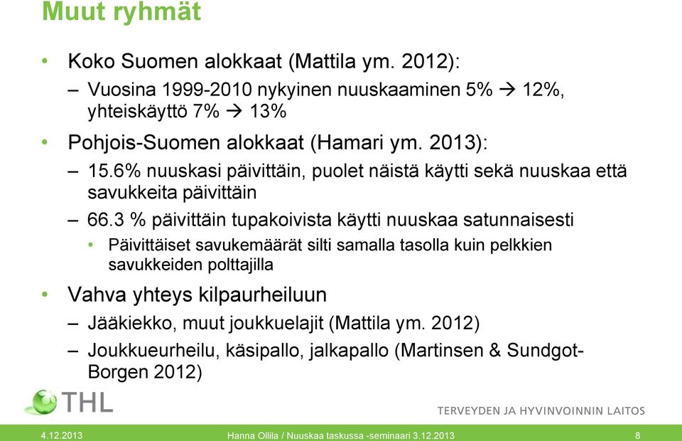 6% nuuskasi päivittäin, puolet näistä käytti sekä nuuskaa että savukkeita päivittäin 66.