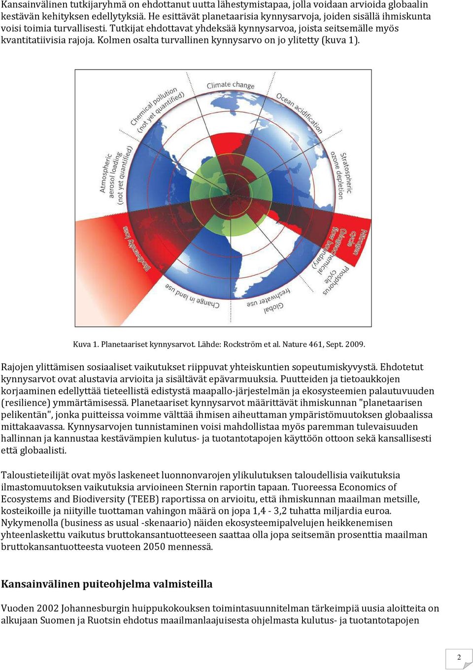 Kolmen osalta turvallinen kynnysarvo on jo ylitetty (kuva 1). Kuva 1. Planetaariset kynnysarvot. Lähde: Rockström et al. Nature 461, Sept. 2009.
