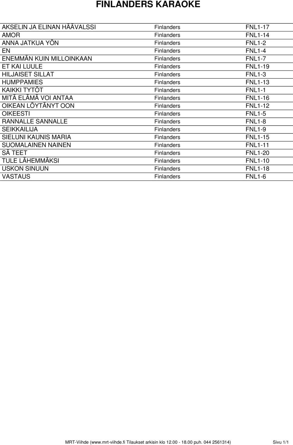 Finlanders FNL1-12 OIKEESTI Finlanders FNL1-5 RANNALLE SANNALLE Finlanders FNL1-8 SEIKKAILIJA Finlanders FNL1-9 SIELUNI KAUNIS MARIA Finlanders FNL1-15 SUOMALAINEN NAINEN Finlanders FNL1-11 SÄ