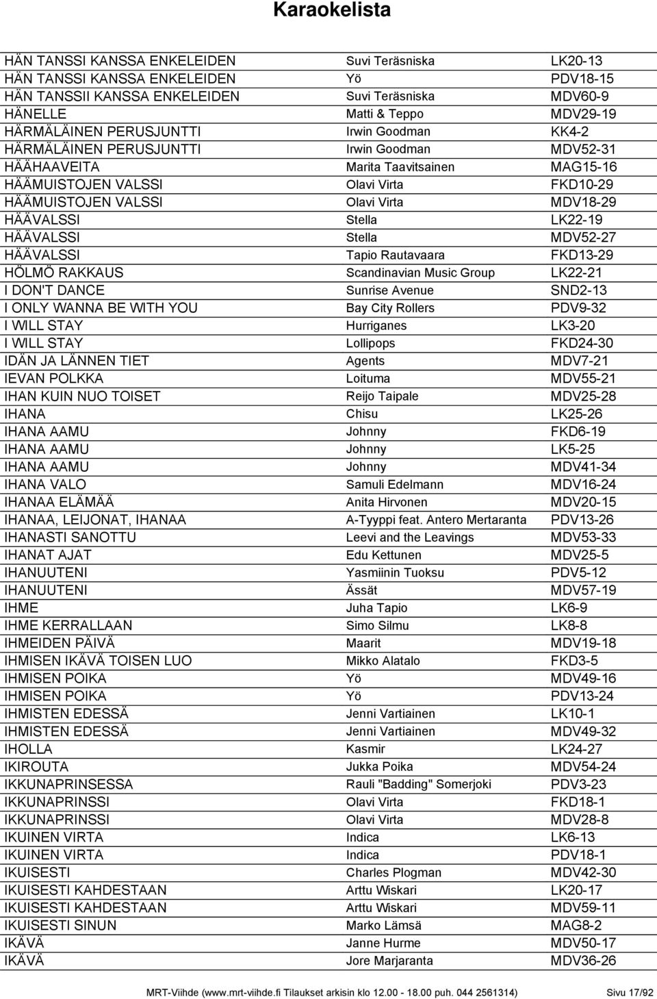 MDV18-29 HÄÄVALSSI Stella LK22-19 HÄÄVALSSI Stella MDV52-27 HÄÄVALSSI Tapio Rautavaara FKD13-29 HÖLMÖ RAKKAUS Scandinavian Music Group LK22-21 I DON'T DANCE Sunrise Avenue SND2-13 I ONLY WANNA BE