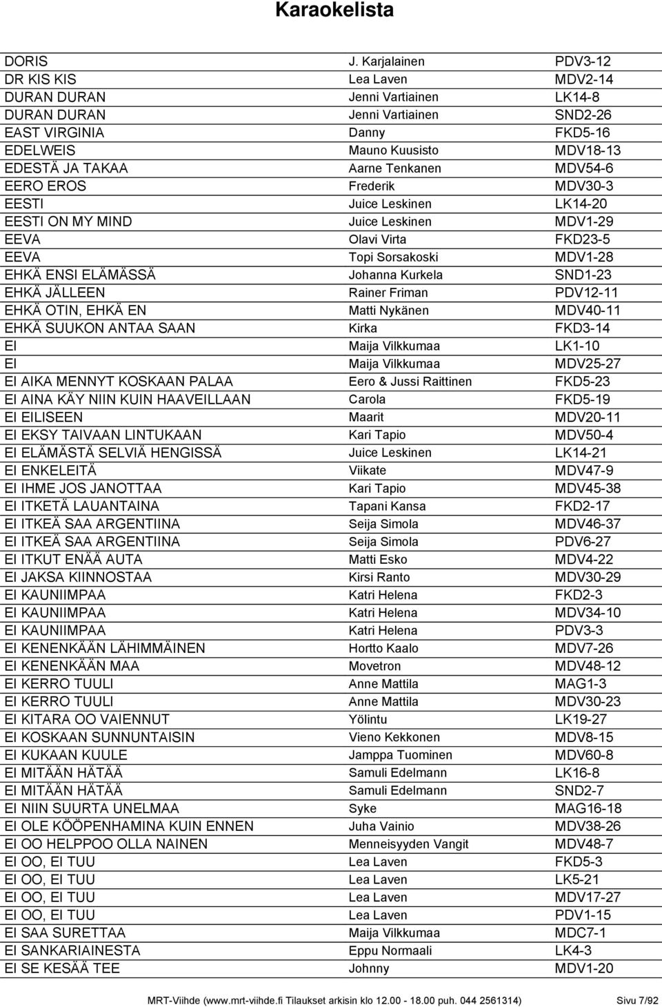 Aarne Tenkanen MDV54-6 EERO EROS Frederik MDV30-3 EESTI Juice Leskinen LK14-20 EESTI ON MY MIND Juice Leskinen MDV1-29 EEVA Olavi Virta FKD23-5 EEVA Topi Sorsakoski MDV1-28 EHKÄ ENSI ELÄMÄSSÄ Johanna